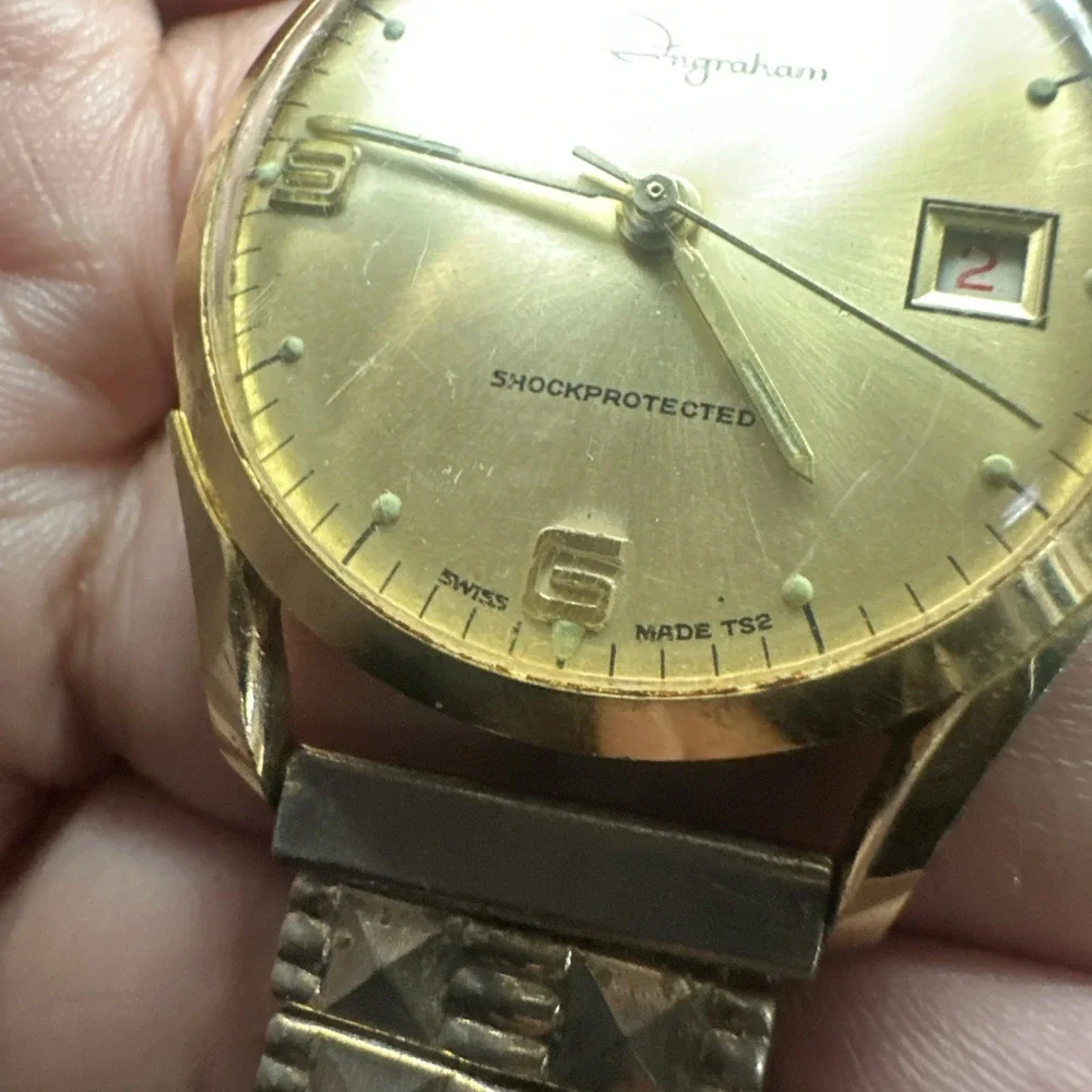 Vintage Ingraham Shockprotected Gold Tone Mens Watch Manual Wind 33mm For Repair